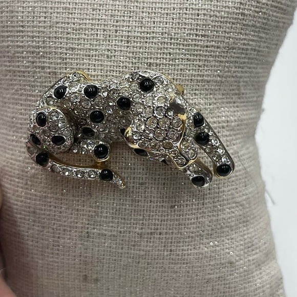 Panther Silver Gold Tone Rhinestones Black Cabochons Green Eye Brooch - Picture 8 of 16